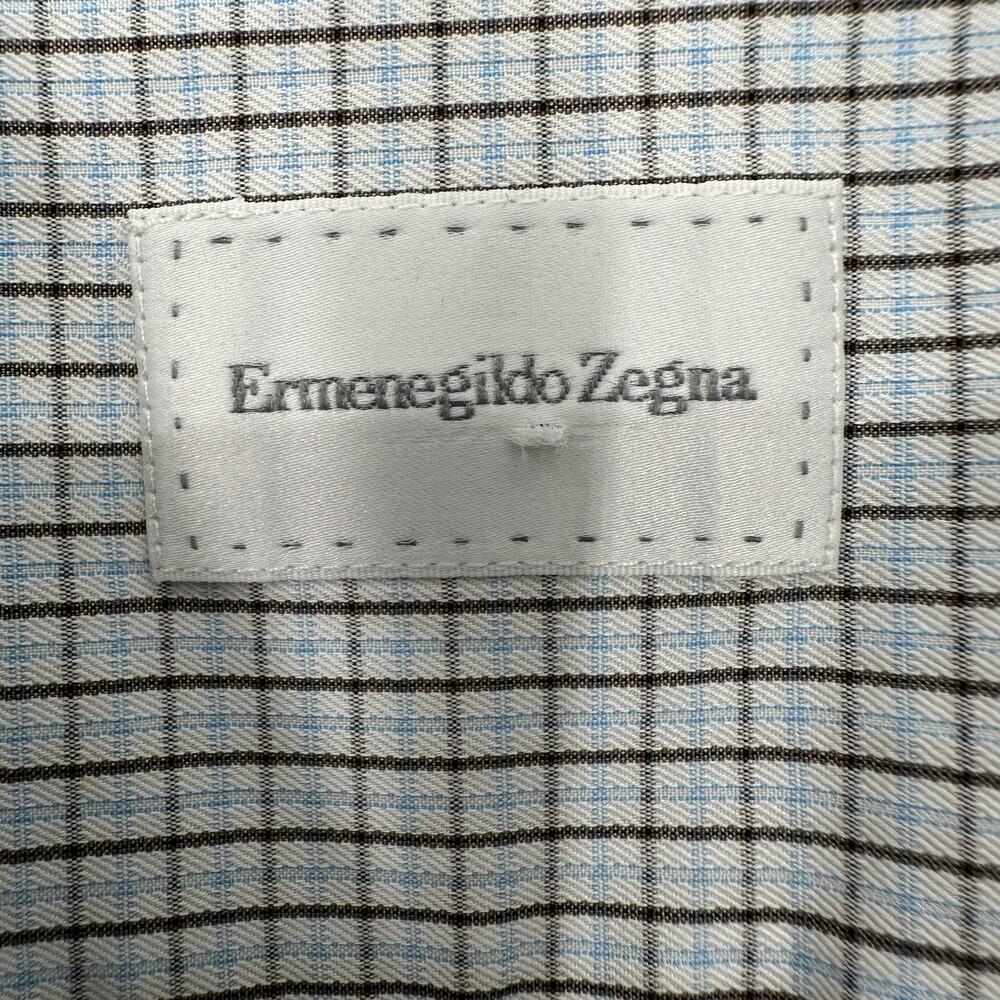 Ermenegildo Zegna Dress Shirt Mens 17.5 XL Blue Brown Check Cotton Long Sleeve - Picture 7 of 11